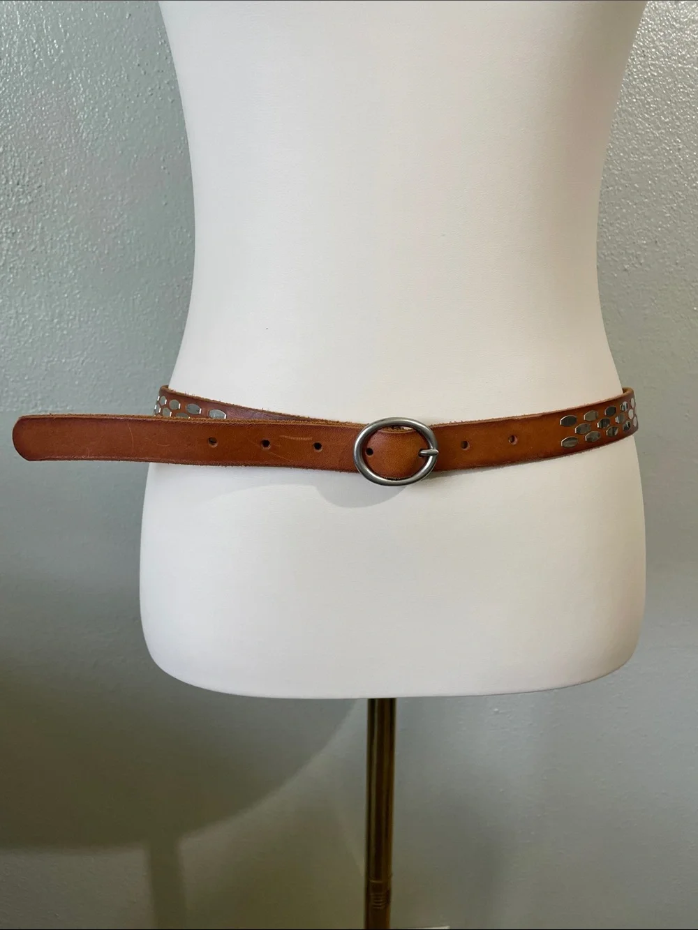 Silver Tone Studded Brown Leather Skinny Belt Large J Crew Moto Biker Casual - Picture 1 of 9